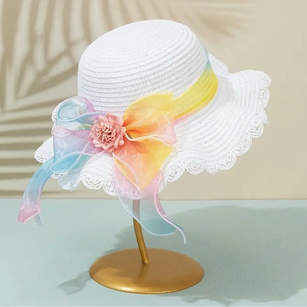SALE**

Kids White Sun Hat with Multicolor Bow